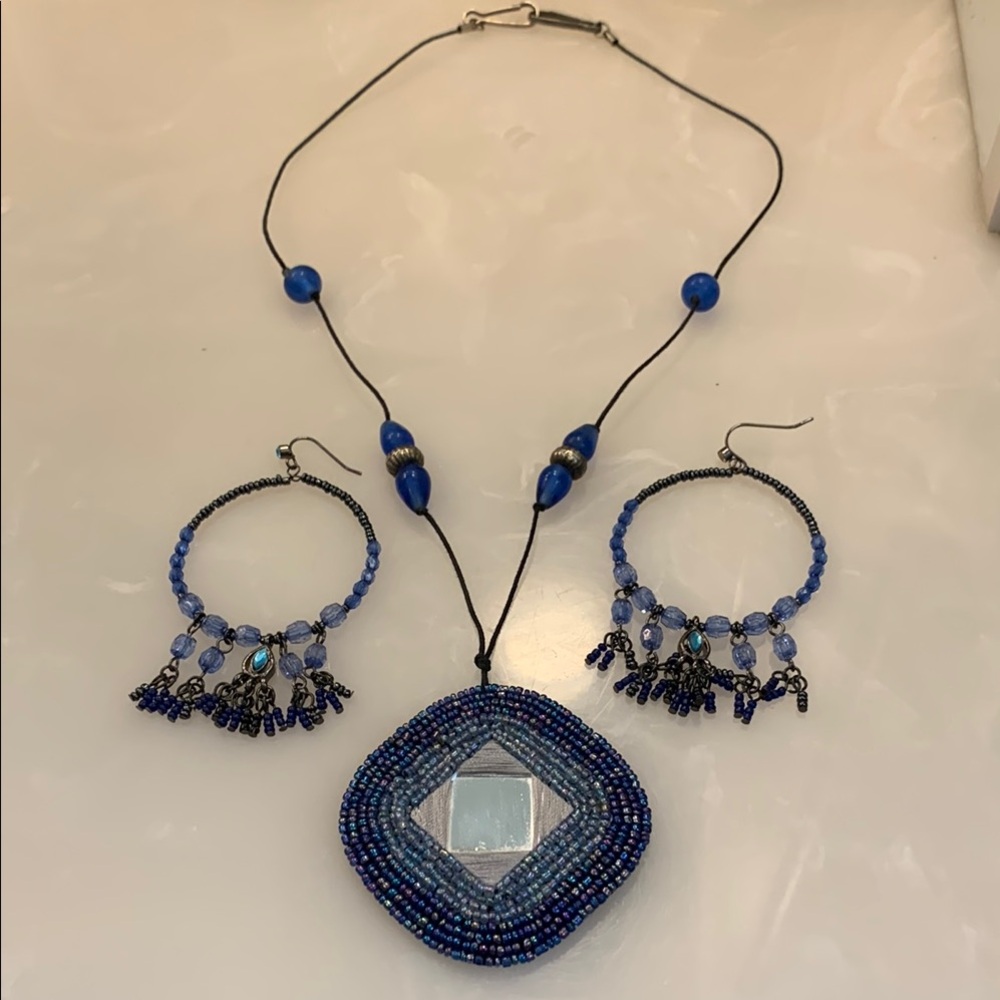 Bohemian Blue Mirrored Necklace and Beaded Fringe Hoop Earrings
